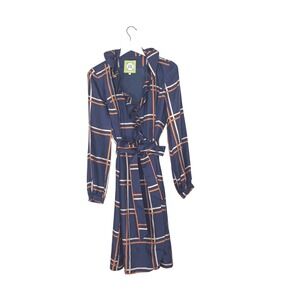 Elizabeth McKay Navy Plaid Ruffle Silk Wrap Dress Orange Windowpane Midi Size 6